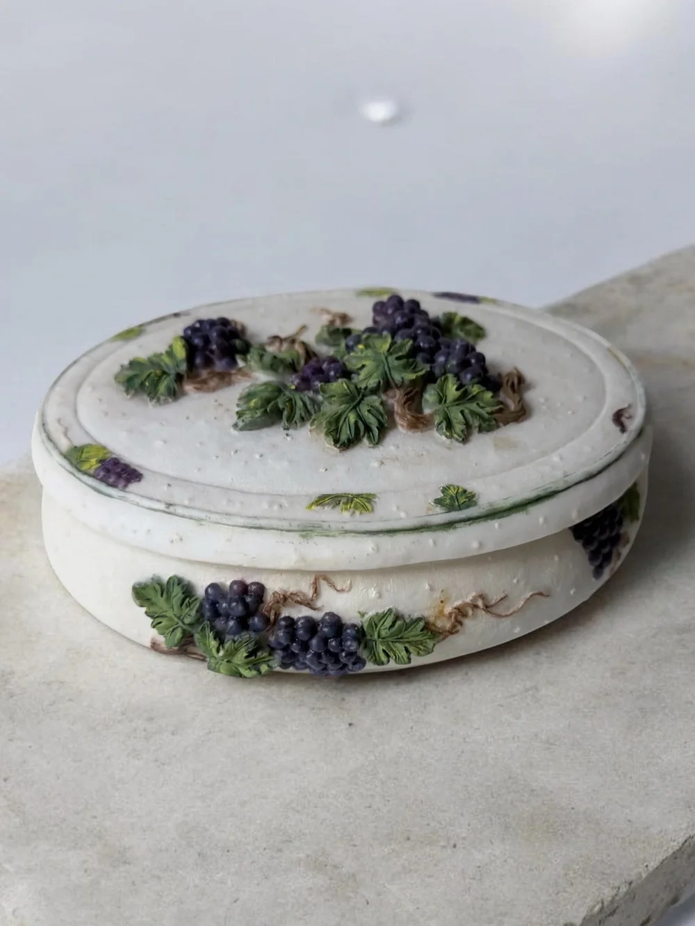 Round Decorative Trinket Box with Purple Grape Relief